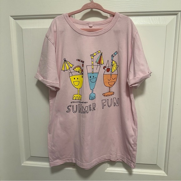 STELLA MCCARTNEY KIDS GIRLS PINK COTTON COCKTAIL PRINT T-SHIRT Size 12 - Picture 1 of 4
